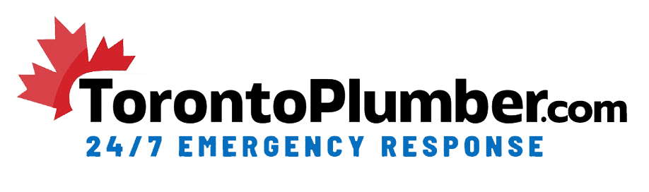 Logo for torontoplumber.com featuring stylized text and a red maple leaf, with the tagline "24/7 emergency response for water damage restoration" below, all on a white background.