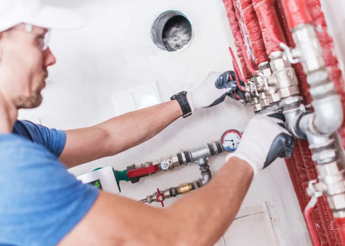 A plumber specializing in water damage restoration, wearing a blue t-shirt and white gloves, works on fixing red pipes and valves on a white wall, with tools in hand, focusing intently on his task